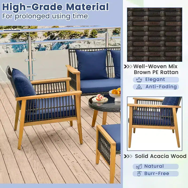 Costway 7 Piece Conversation Set Rattan Woven Chair Set with 2 Coffee Tables & 2 Ottomans