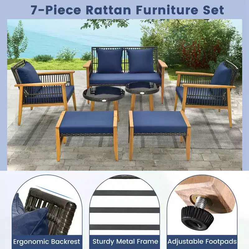 Costway 7 Piece Conversation Set Rattan Woven Chair Set with 2 Coffee Tables & 2 Ottomans