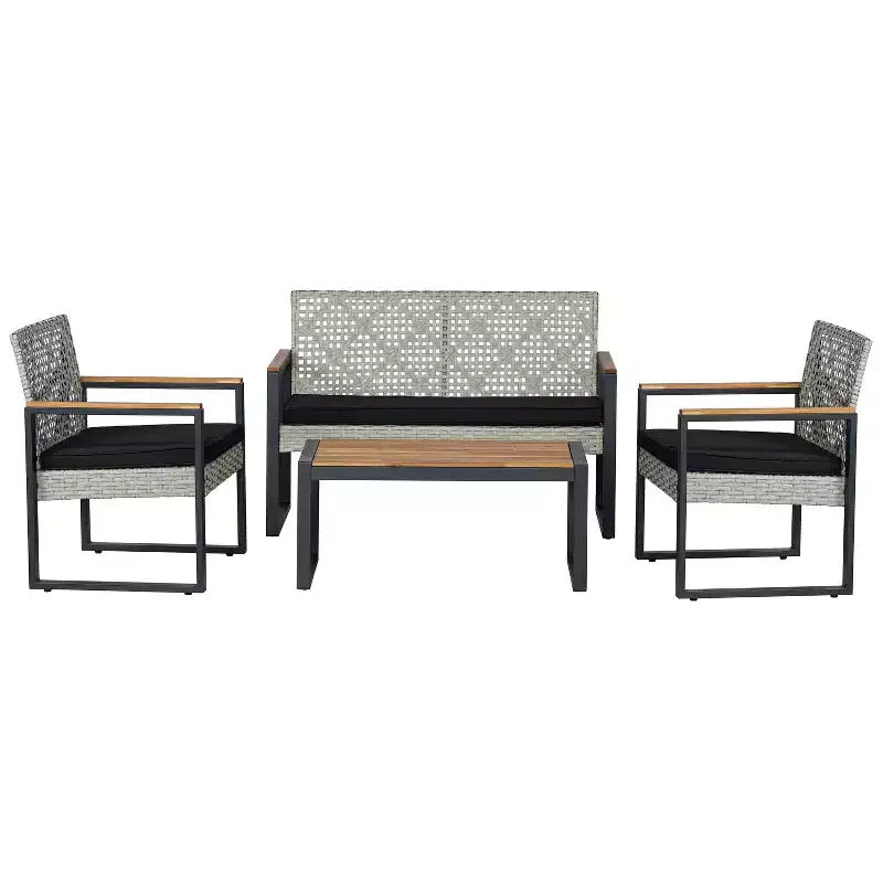Wilder 4-Piece Modern Coastal Faux Wicker Conversation Outdoor Patio Set - JONATHAN Y