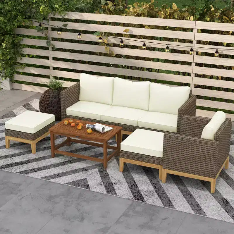 Outsunny Cushioned Patio Furniture Set, 5 PCs Wooden Frame PE Rattan Conversation Set, Cream White