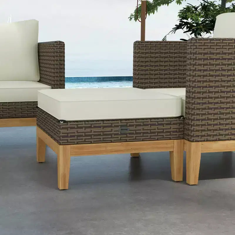 Outsunny Cushioned Patio Furniture Set, 5 PCs Wooden Frame PE Rattan Conversation Set, Cream White