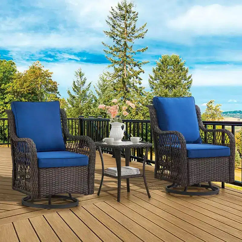 Whizmax 3-Piece Outdoor 360 Degree Swivel Rocking Chair Patio Set, Swivel Rocking Chair 2-Piece Set with Rattan Side Table, Blue Cushion