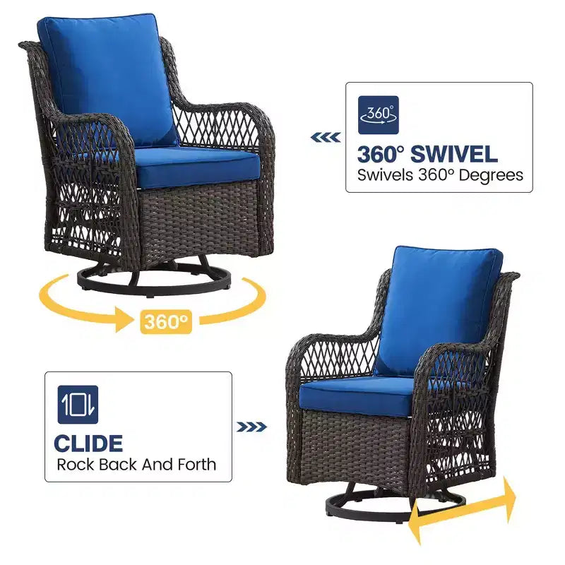 Whizmax 3-Piece Outdoor 360 Degree Swivel Rocking Chair Patio Set, Swivel Rocking Chair 2-Piece Set with Rattan Side Table, Blue Cushion