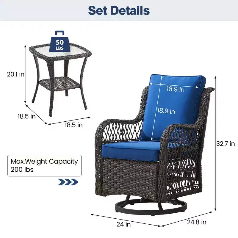 Whizmax 3-Piece Outdoor 360 Degree Swivel Rocking Chair Patio Set, Swivel Rocking Chair 2-Piece Set with Rattan Side Table, Blue Cushion