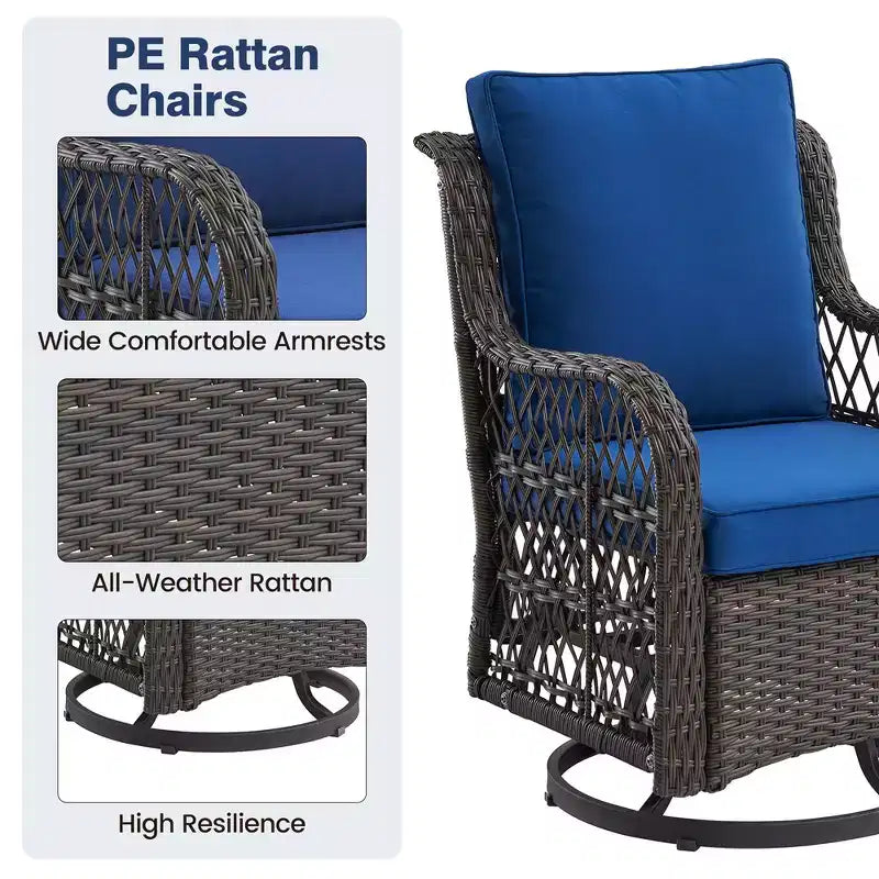 Whizmax 3-Piece Outdoor 360 Degree Swivel Rocking Chair Patio Set, Swivel Rocking Chair 2-Piece Set with Rattan Side Table, Blue Cushion