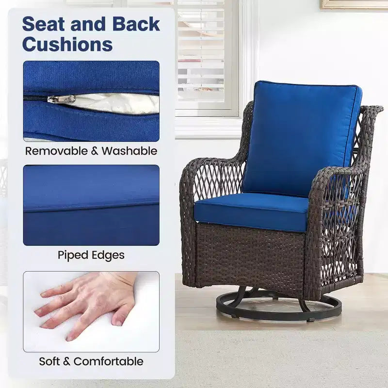 Whizmax 3-Piece Outdoor 360 Degree Swivel Rocking Chair Patio Set, Swivel Rocking Chair 2-Piece Set with Rattan Side Table, Blue Cushion