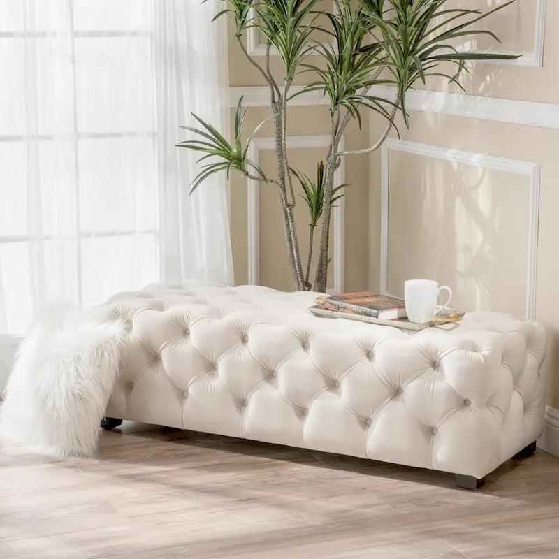 Banc Pouf en Velours Capitonnage Touffeté – Banc d'Entrée Rembourré avec Boutons pour Chambre à Coucher