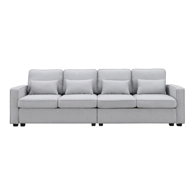 Canapé moderne 4 places en tissu de lin de 104 pouces avec poches accoudoirs et 4 oreillers - Style minimaliste