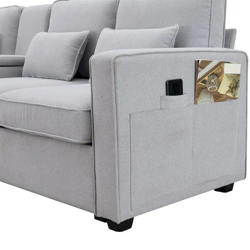 Canapé moderne 4 places en tissu de lin de 104 pouces avec poches accoudoirs et 4 oreillers - Style minimaliste