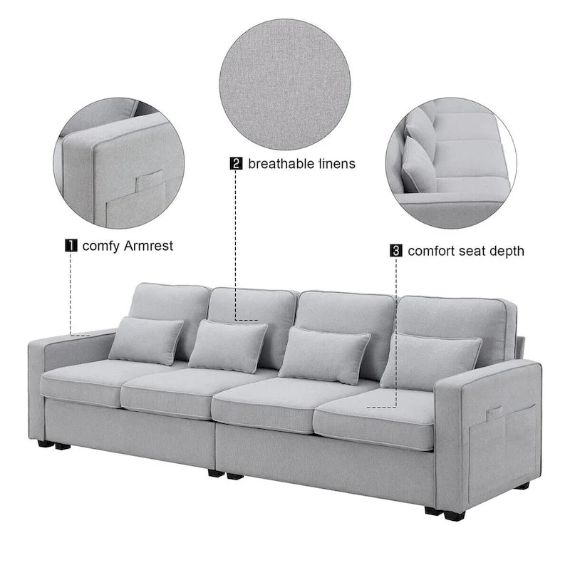 Canapé moderne 4 places en tissu de lin de 104 pouces avec poches accoudoirs et 4 oreillers - Style minimaliste