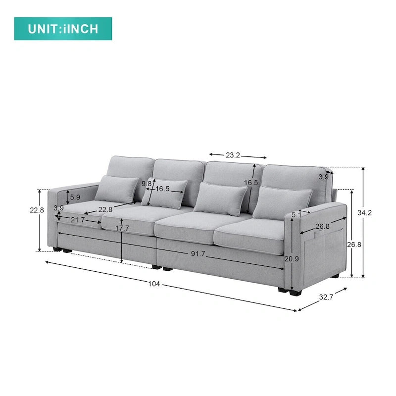 Canapé moderne 4 places en tissu de lin de 104 pouces avec poches accoudoirs et 4 oreillers - Style minimaliste