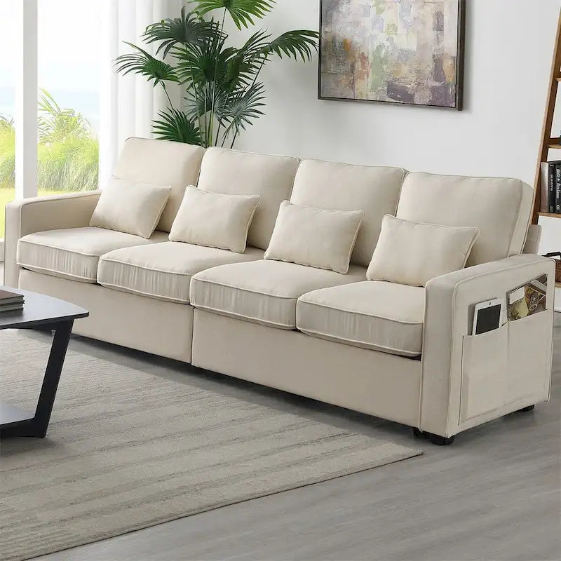 Canapé moderne 4 places en tissu de lin de 104 pouces avec poches accoudoirs et 4 oreillers - Style minimaliste