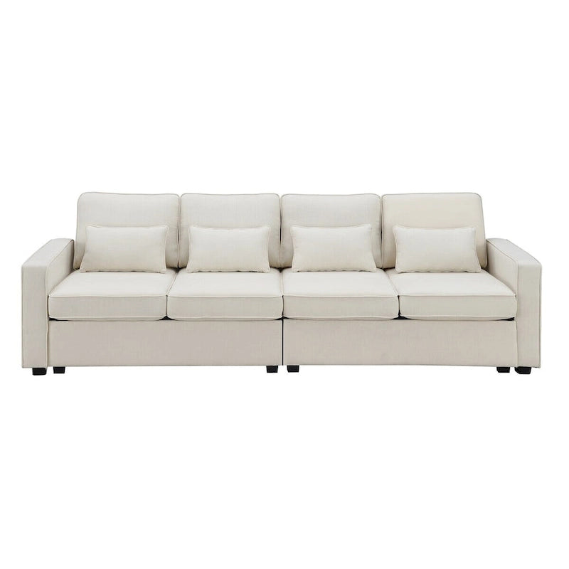 Canapé moderne 4 places en tissu de lin de 104 pouces avec poches accoudoirs et 4 oreillers - Style minimaliste