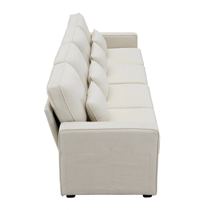 Canapé moderne 4 places en tissu de lin de 104 pouces avec poches accoudoirs et 4 oreillers - Style minimaliste
