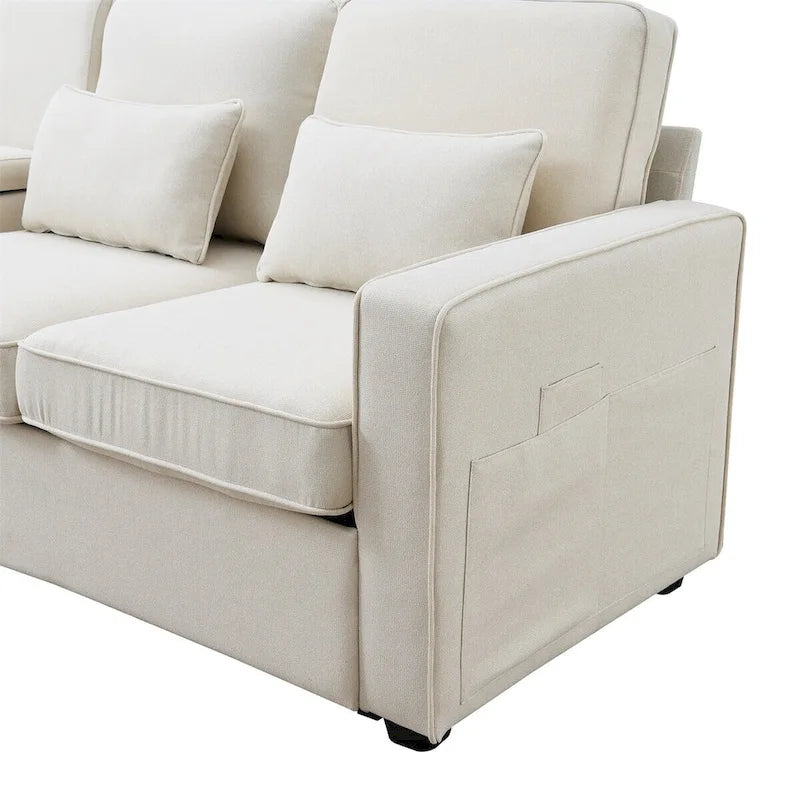 Canapé moderne 4 places en tissu de lin de 104 pouces avec poches accoudoirs et 4 oreillers - Style minimaliste