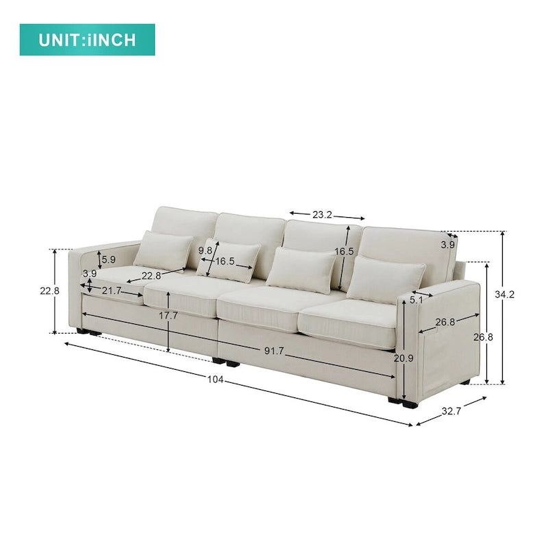 Canapé moderne 4 places en tissu de lin de 104 pouces avec poches accoudoirs et 4 oreillers - Style minimaliste
