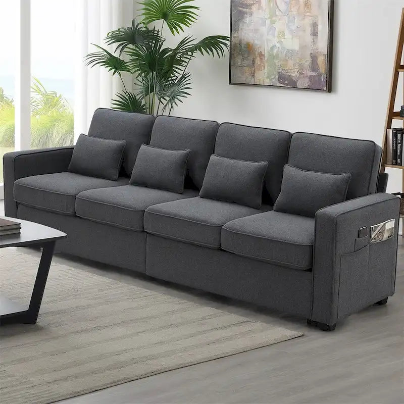 Canapé moderne 4 places en tissu de lin de 104 pouces avec poches accoudoirs et 4 oreillers - Style minimaliste