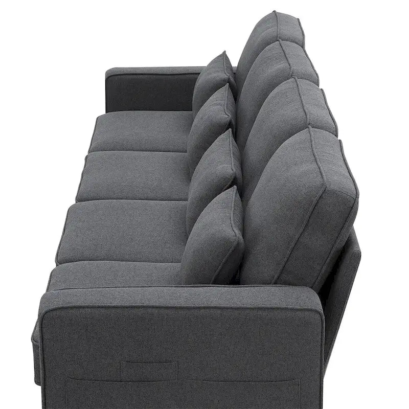 Canapé moderne 4 places en tissu de lin de 104 pouces avec poches accoudoirs et 4 oreillers - Style minimaliste