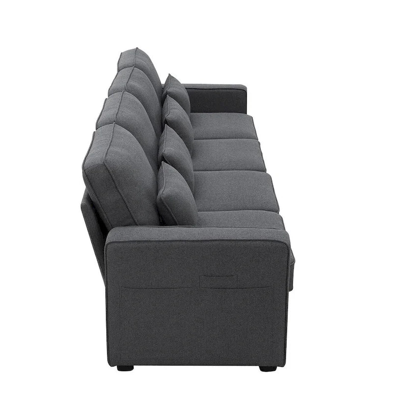 Canapé moderne 4 places en tissu de lin de 104 pouces avec poches accoudoirs et 4 oreillers - Style minimaliste