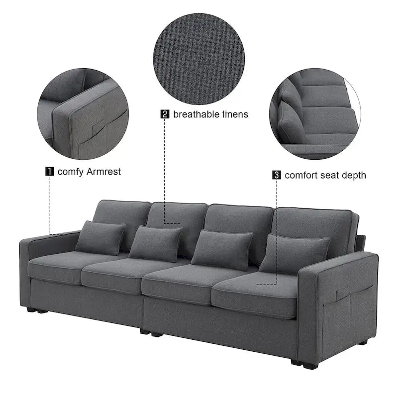 Canapé moderne 4 places en tissu de lin de 104 pouces avec poches accoudoirs et 4 oreillers - Style minimaliste