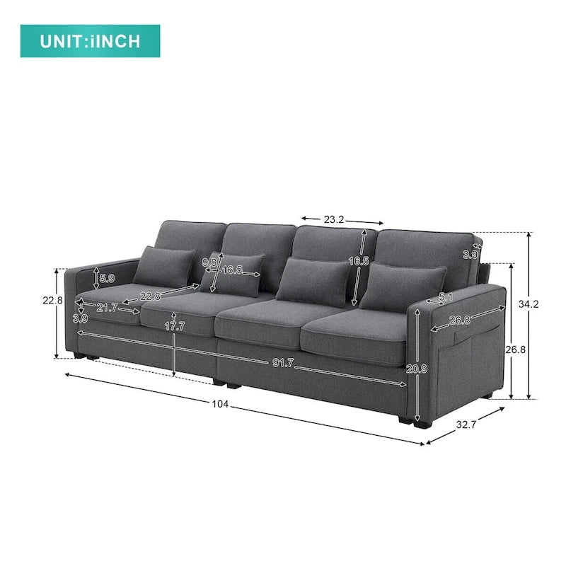 Canapé moderne 4 places en tissu de lin de 104 pouces avec poches accoudoirs et 4 oreillers - Style minimaliste