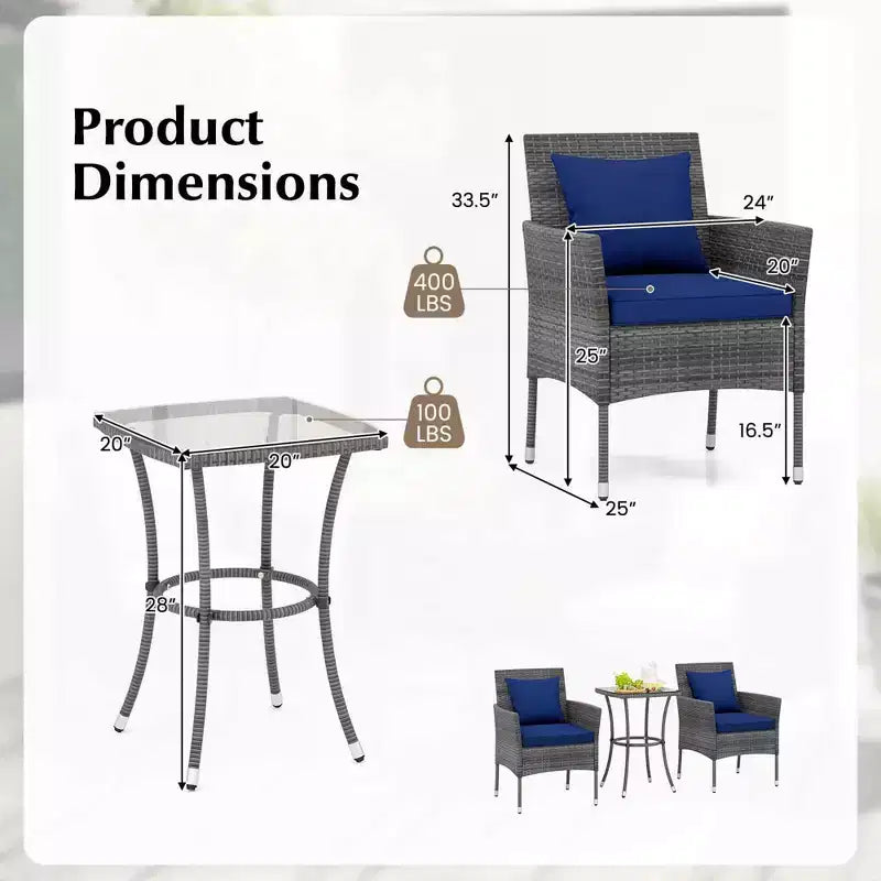 Costway 3 PCS Patio Furniture Set with Cushioned Patio Chairs & Tempered Glass Coffee Table Grey/Navy/White/Black