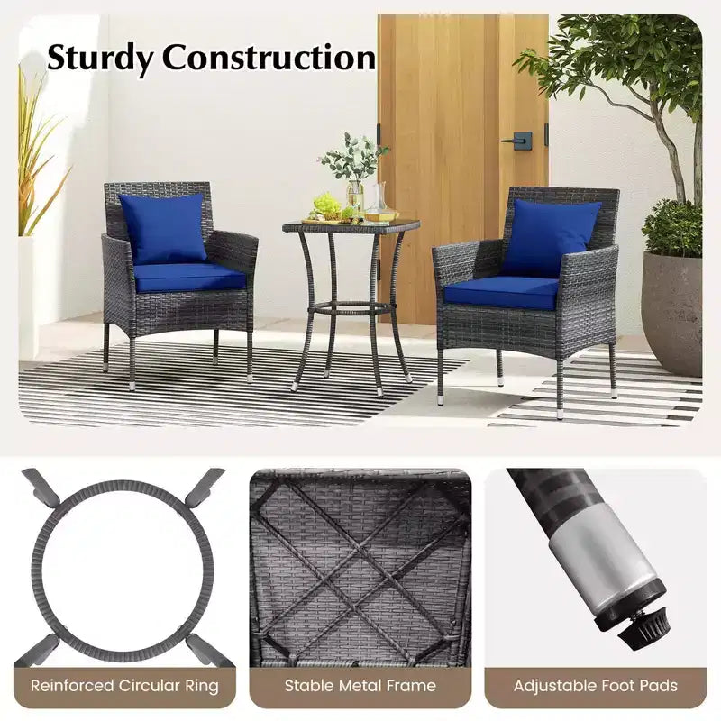 Costway 3 PCS Patio Furniture Set with Cushioned Patio Chairs & Tempered Glass Coffee Table Grey/Navy/White/Black