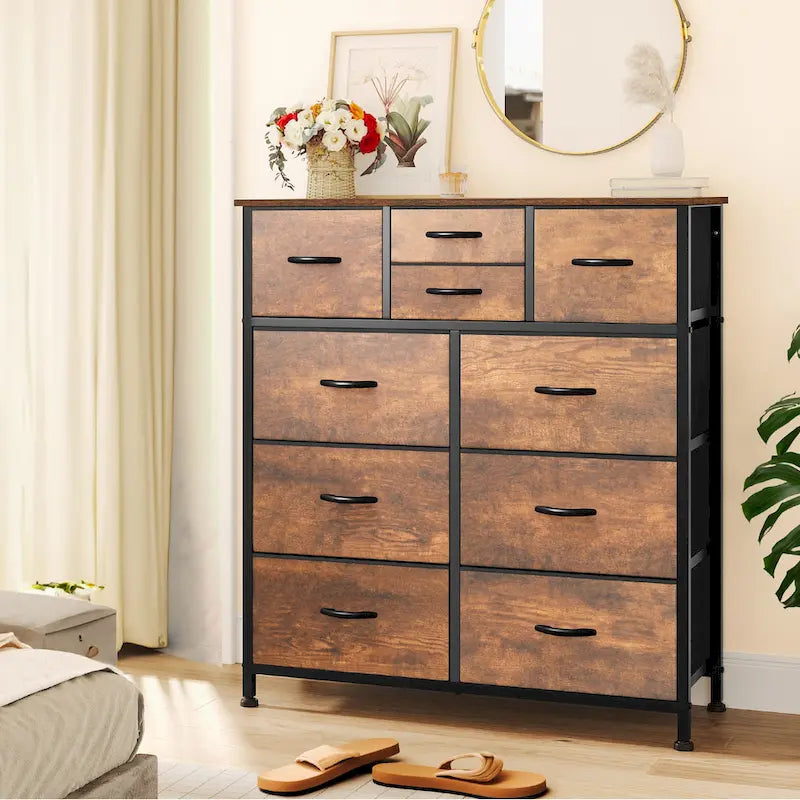 Moasis Rustic Wood-grain Badroom Dresser with Metal Frame, Wooden Top