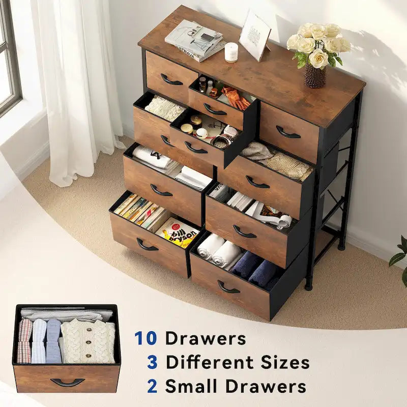 Commode rustique aspect bois avec cadre en métal, plateau en bois