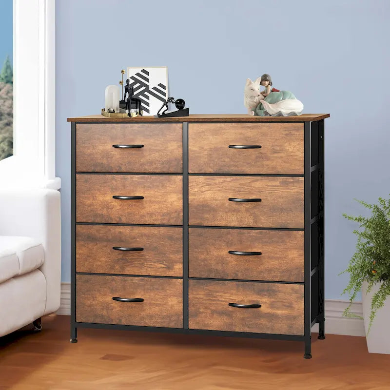 Commode rustique aspect bois avec cadre en métal, plateau en bois