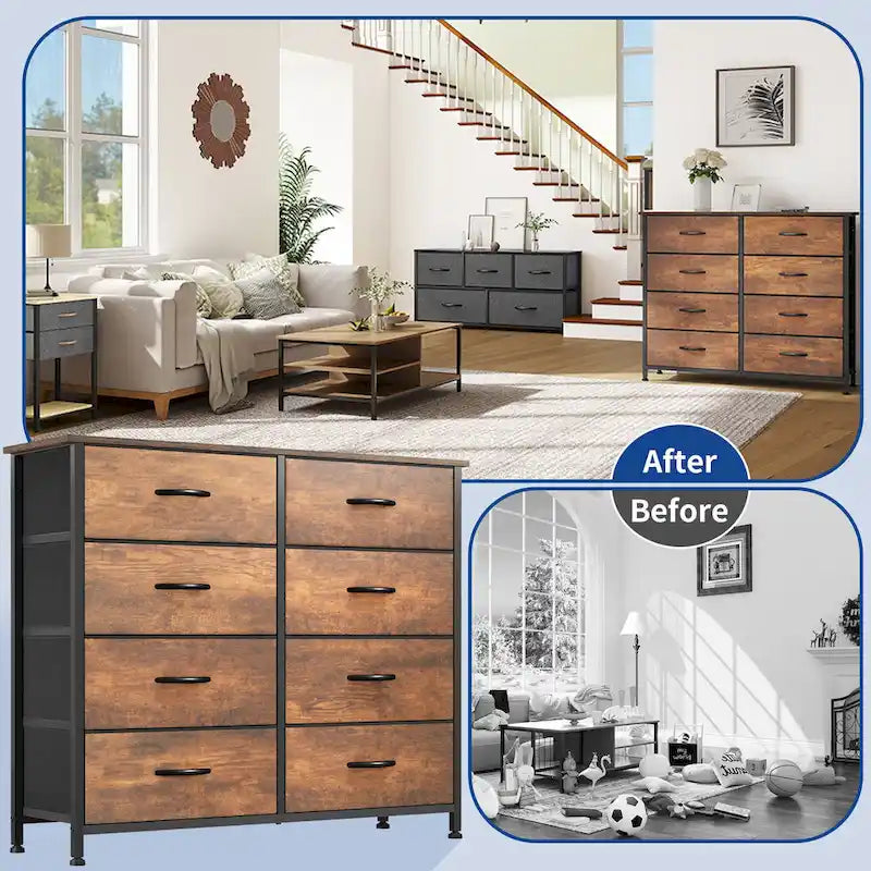 Commode rustique aspect bois avec cadre en métal, plateau en bois