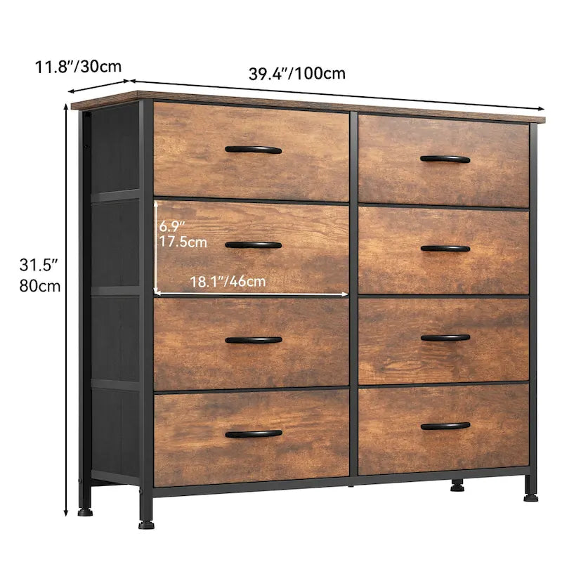 Commode rustique aspect bois avec cadre en métal, plateau en bois