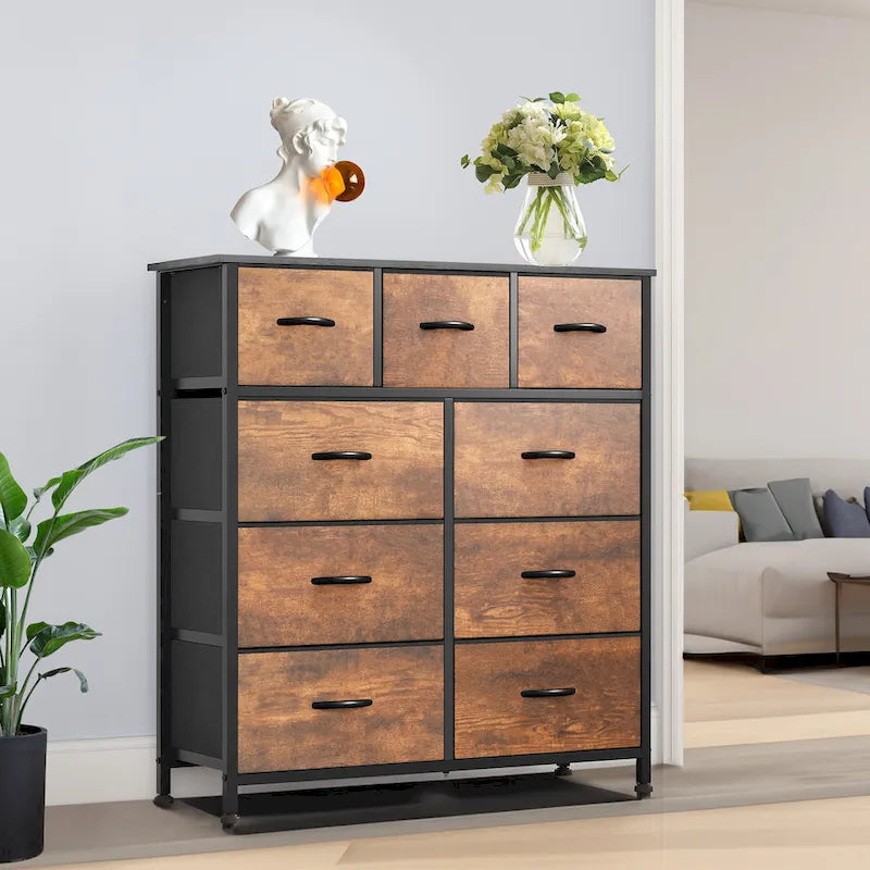 Commode rustique aspect bois avec cadre en métal, plateau en bois