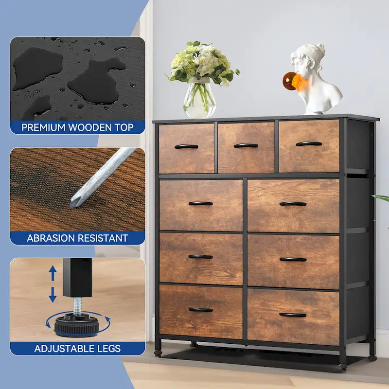 Commode rustique aspect bois avec cadre en métal, plateau en bois
