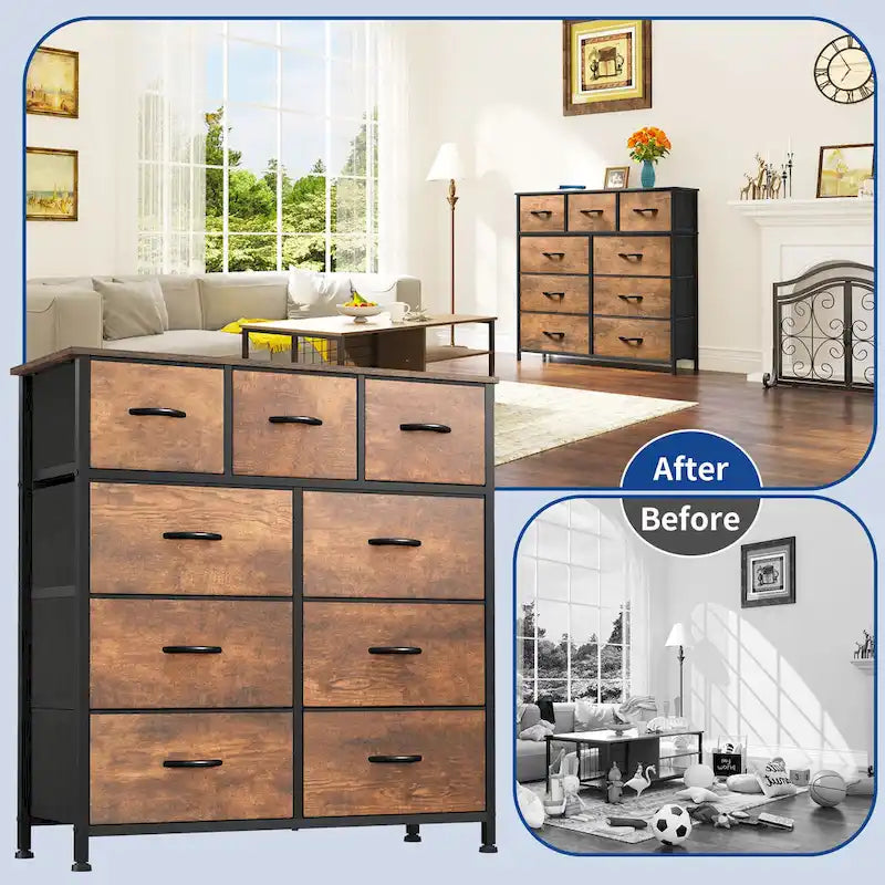 Commode rustique aspect bois avec cadre en métal, plateau en bois