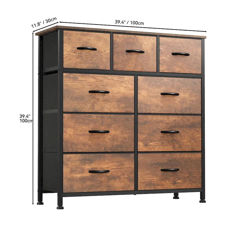 Commode rustique aspect bois avec cadre en métal, plateau en bois