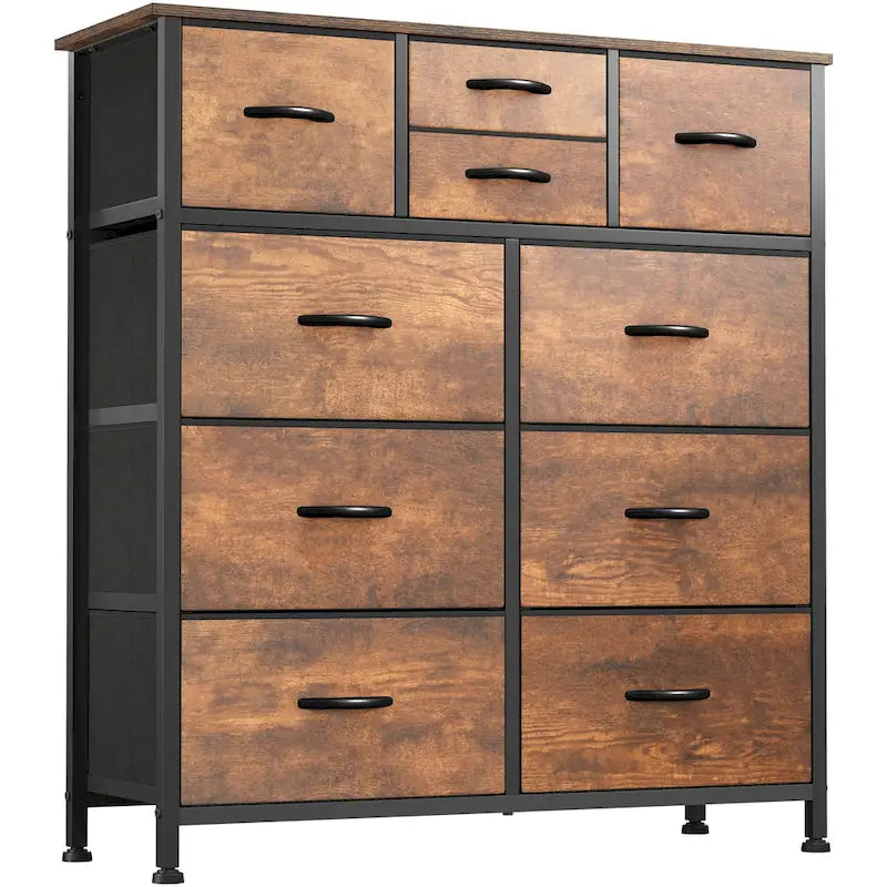 Commode rustique aspect bois avec cadre en métal, plateau en bois