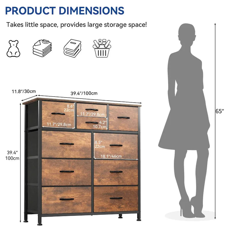 Commode rustique aspect bois avec cadre en métal, plateau en bois
