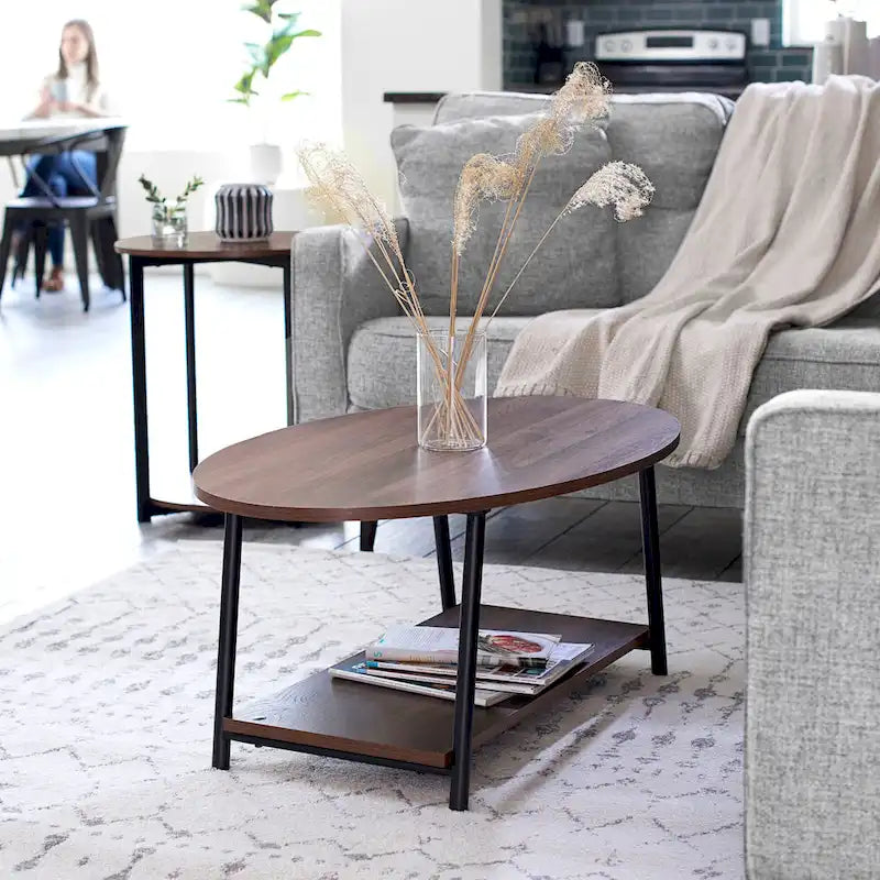 Table basse ronde avec étagère de rangement inférieure - Table de salon moderne