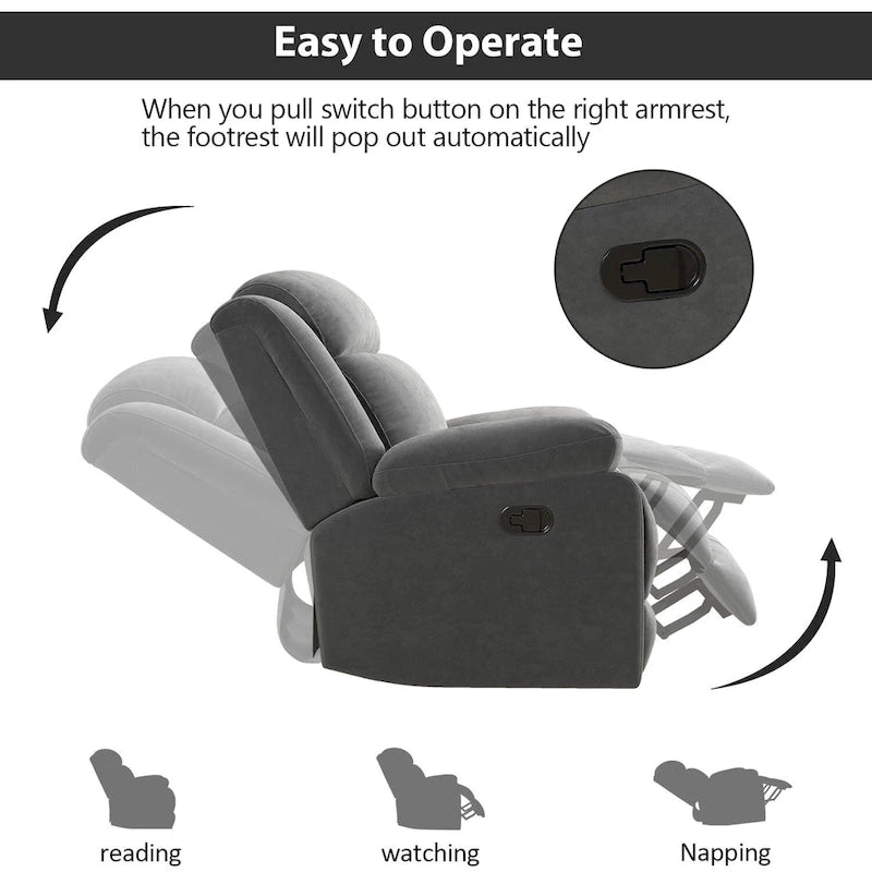 Fauteuil inclinable manuel avec accoudoirs et dossier surdimensionnés
