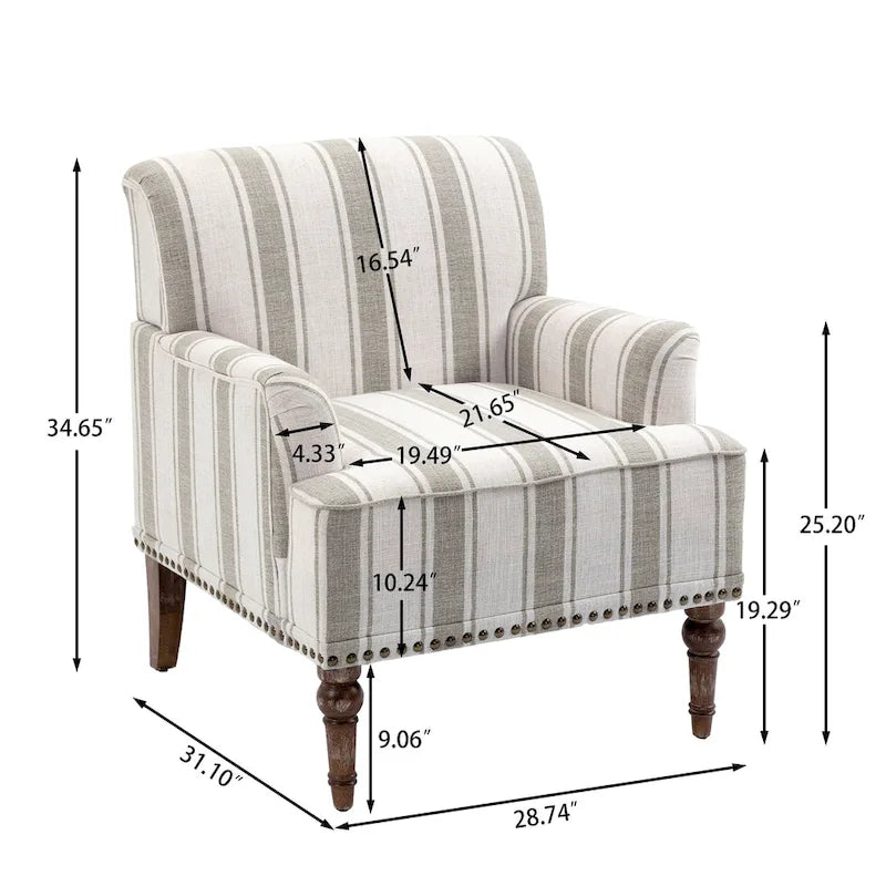 Fauteuil d'appoint moderne à rayures avec accoudoirs - Canapé individuel rembourré de style Mid-Century pour salon