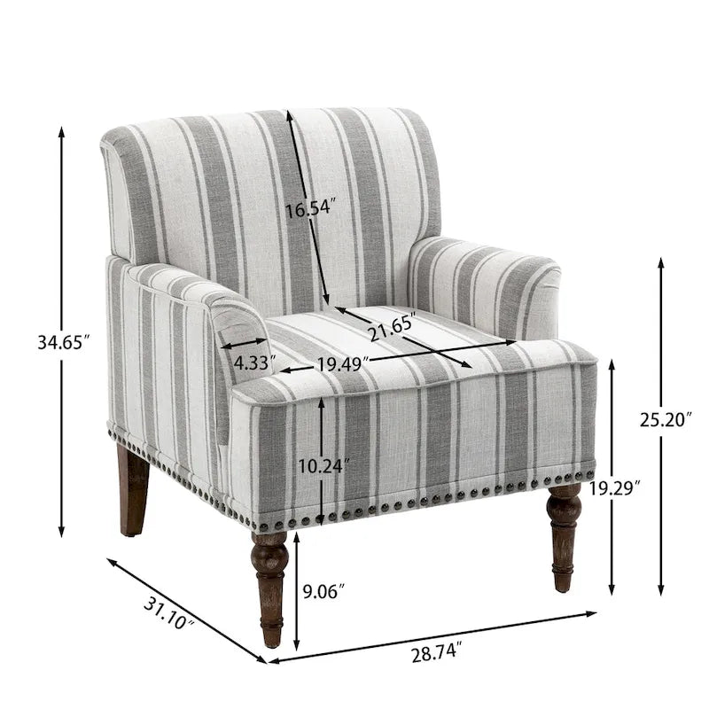 Fauteuil d'appoint moderne à rayures avec accoudoirs - Canapé individuel rembourré de style Mid-Century pour salon