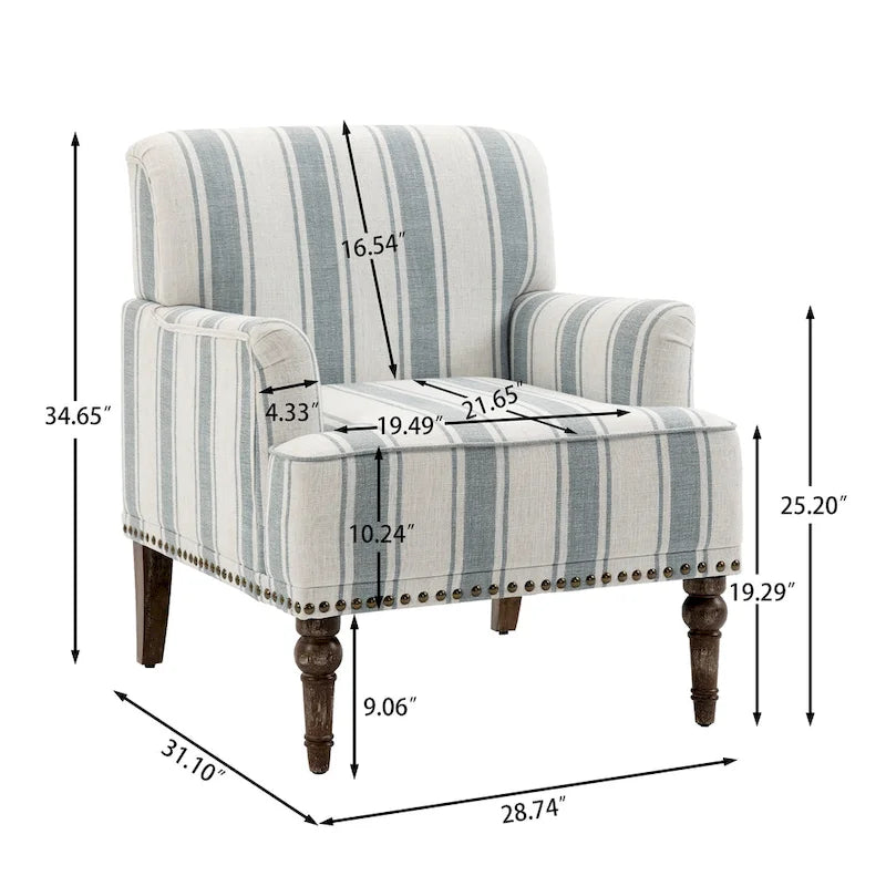 Fauteuil d'appoint moderne à rayures avec accoudoirs - Canapé individuel rembourré de style Mid-Century pour salon