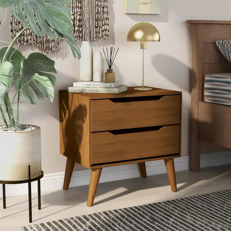 Table de chevet en bois de style moderne du milieu du siècle à 2 tiroirs