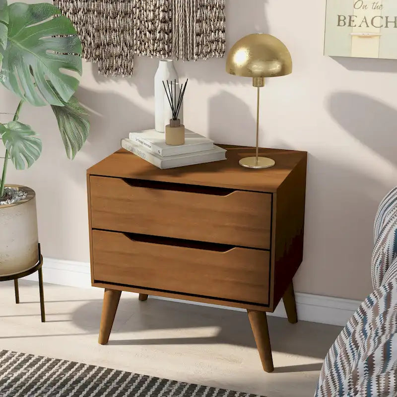 Table de chevet en bois de style moderne du milieu du siècle à 2 tiroirs