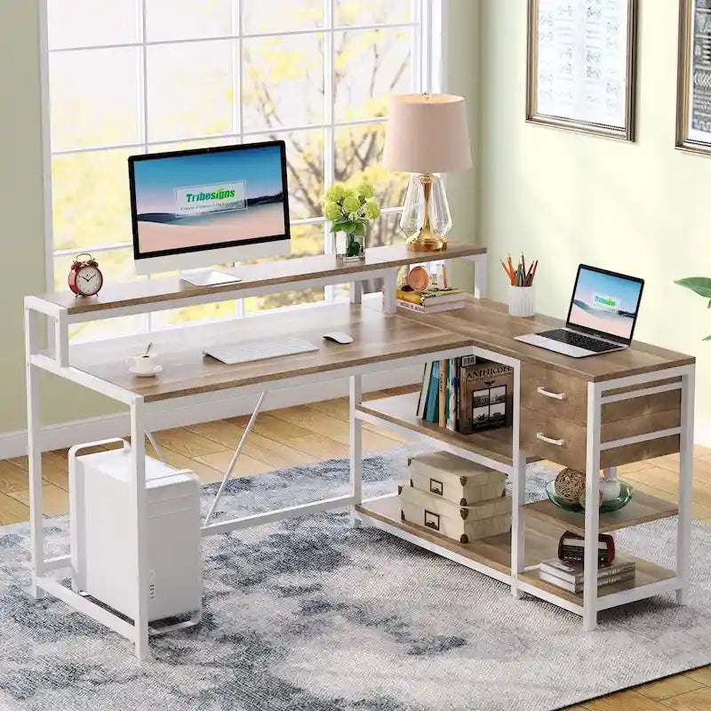 Bureau d'ordinateur moderne en L avec tiroir et étagère de rangement