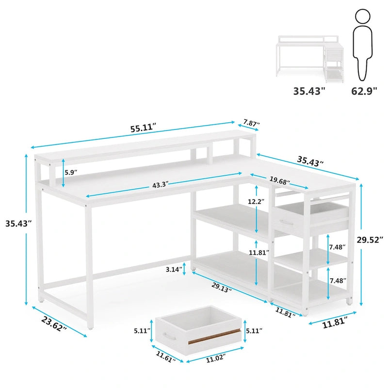 Bureau d'ordinateur moderne en L avec tiroir et étagère de rangement