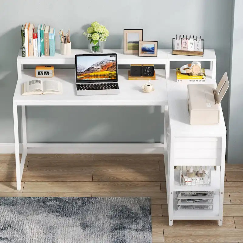 Bureau d'ordinateur moderne en L avec tiroir et étagère de rangement