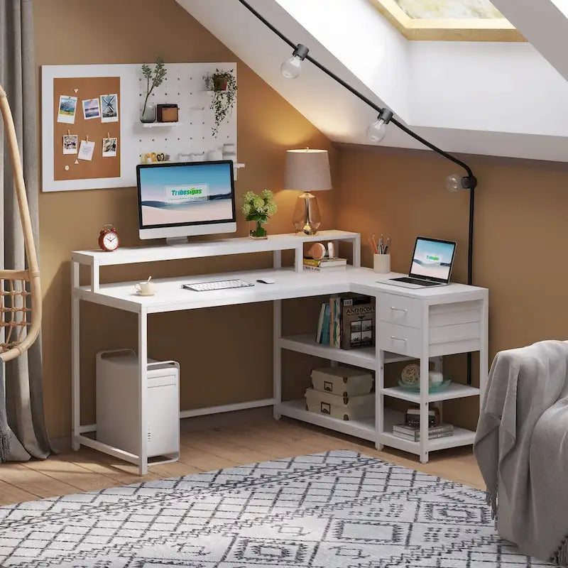 Bureau d'ordinateur moderne en L avec tiroir et étagère de rangement