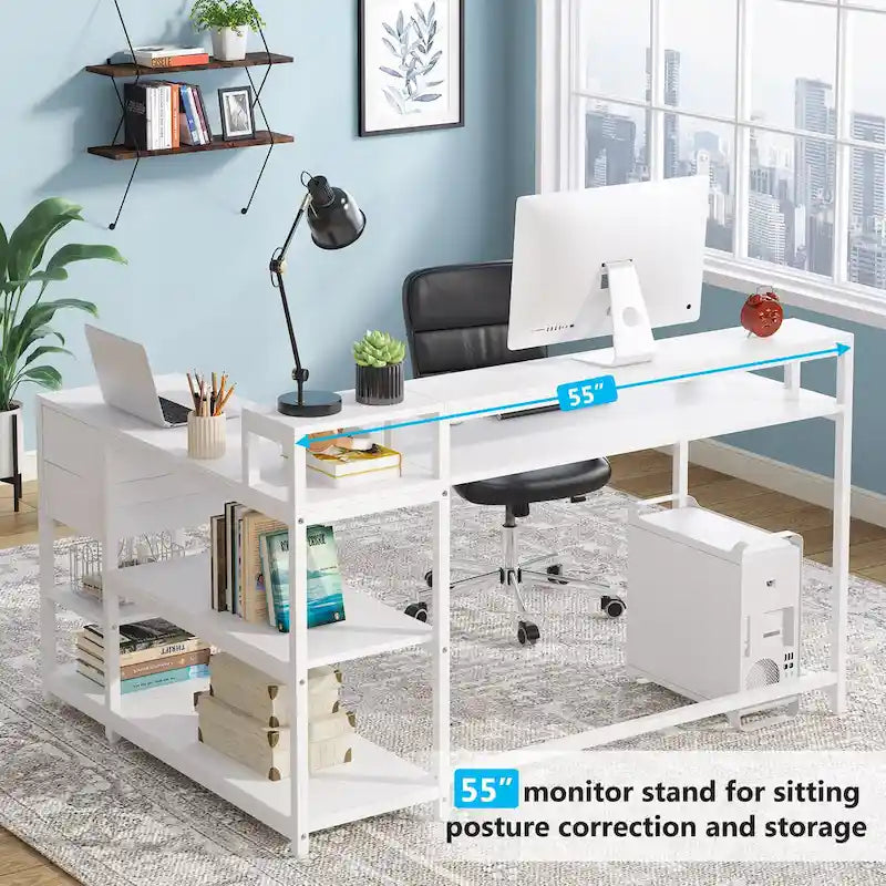 Bureau d'ordinateur moderne en L avec tiroir et étagère de rangement
